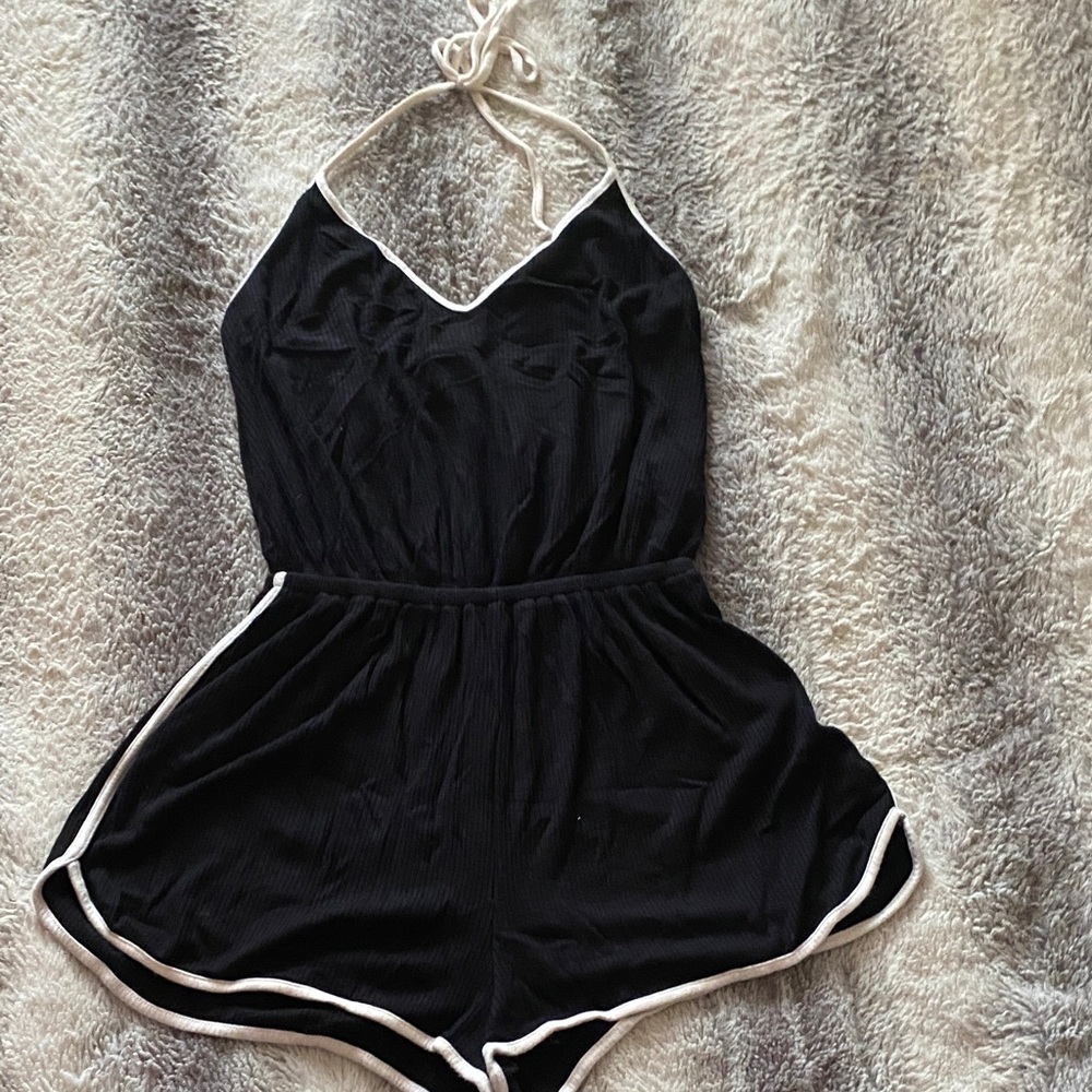 4/$30 Black Halter One-Piece Romper with White Trim